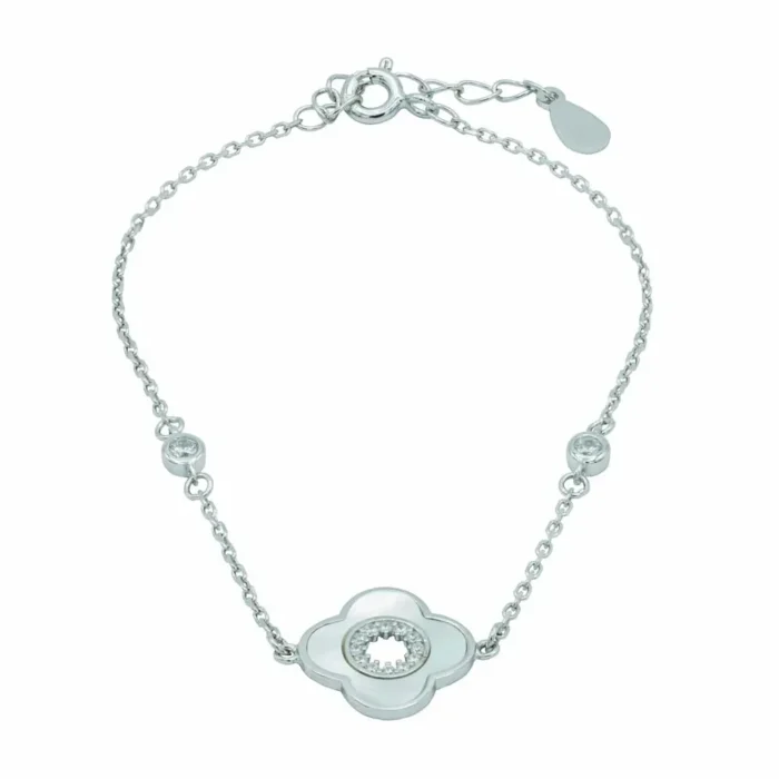 Detailansicht der beständigen Rhodinierung und der feinen Zirkonia-Steine am Armband 925 Silber Silver Blossom bei DEES JEWELRY