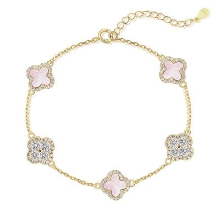 Klee Armband aus 925 Silber vergoldet mit 2 funkelnden Zirkonia- und 3 zarten Perlmutt-Elementen in Rose – DEES JEWELRY