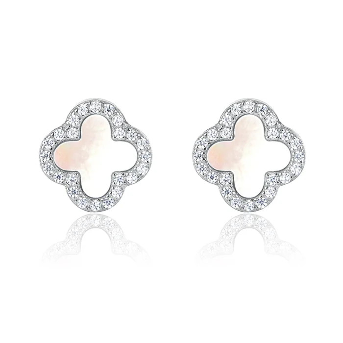 Pearl Glace Klee-Ohrstecker aus 925 Silber mit Perlmutt-Kern und Zirkonia-Umrandung – DEES JEWELRY