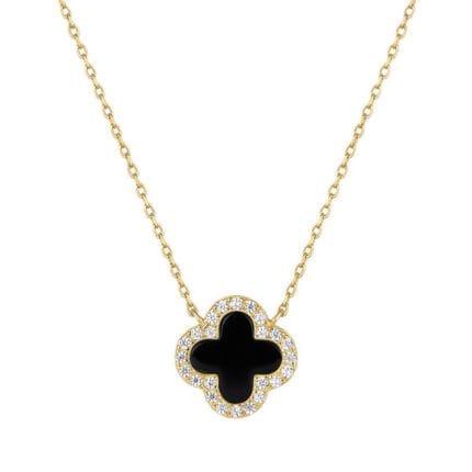 Noir Elegance Klee Halskette aus 925 Silber vergoldet mit echtem schwarzen Onyx-Anhänger von DEES JEWELRY